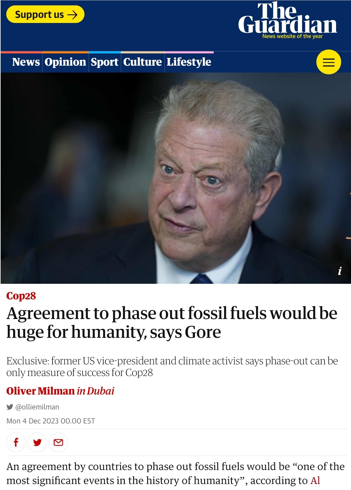 Gore declares Agreement to phase out fossil fuels would be ‘one of the